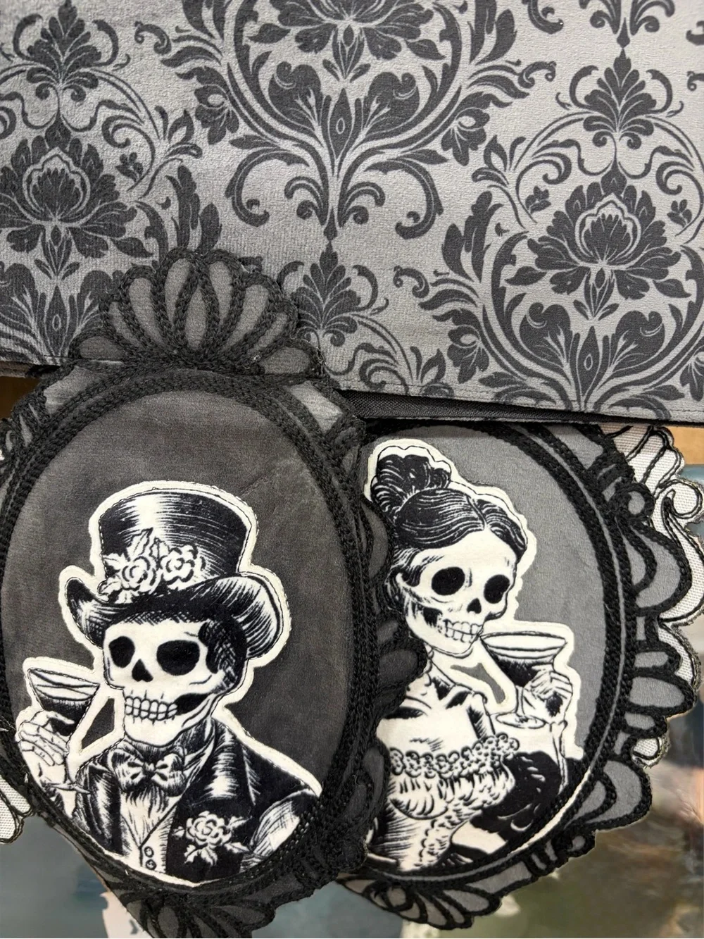 Halloween Mantel Scarf Skeletons Cocktails Embroidered Velvet by Madame Bones